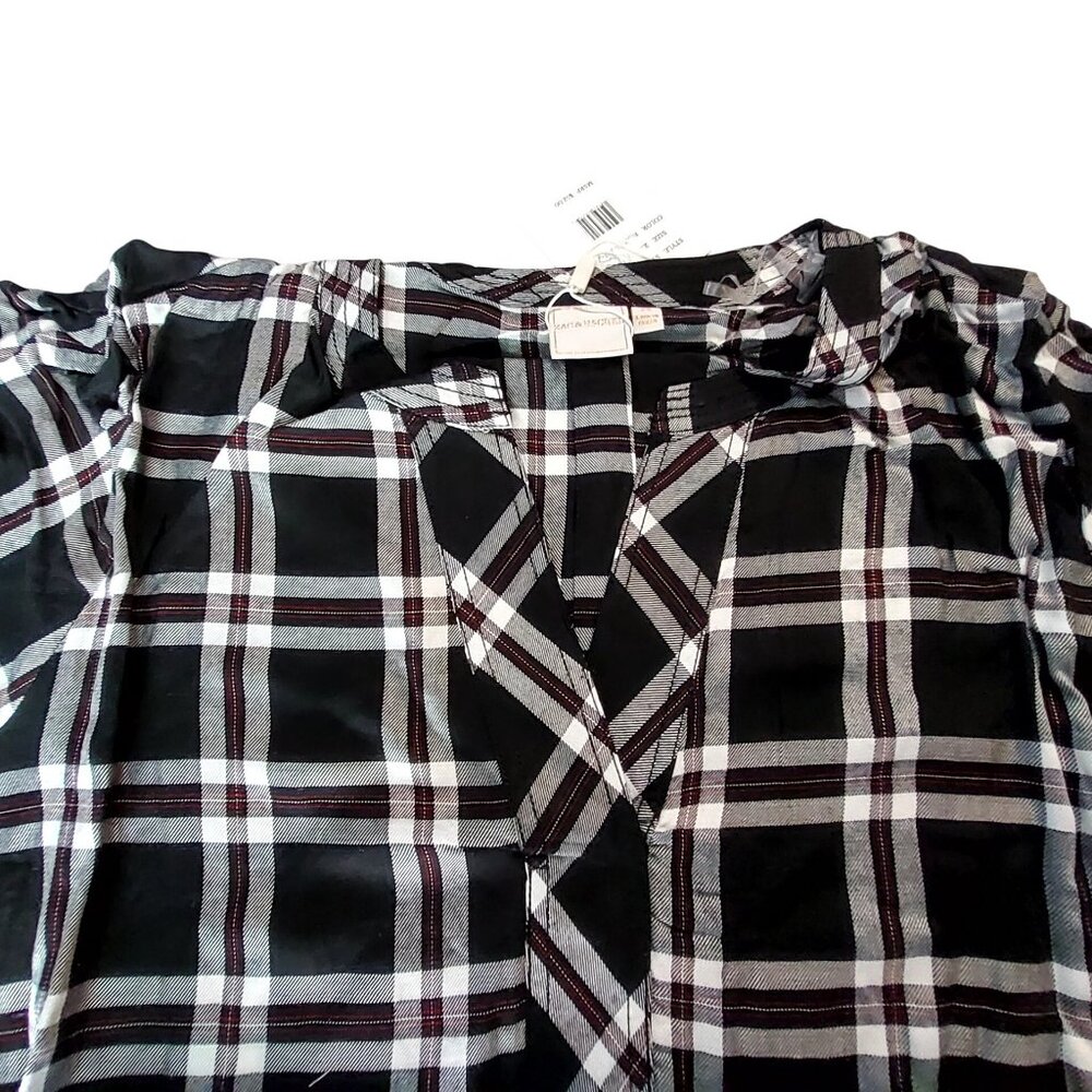 Zac & Rachel Womens Size 2X Black/White Plaid V-Neck Tie-Front Blouse 100% Rayon - Picture 10 of 12